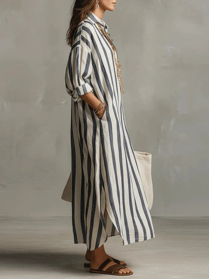Langes gestreiftes Hemdblusenkleid für Damen-Maxi Dress-Alpenkind
