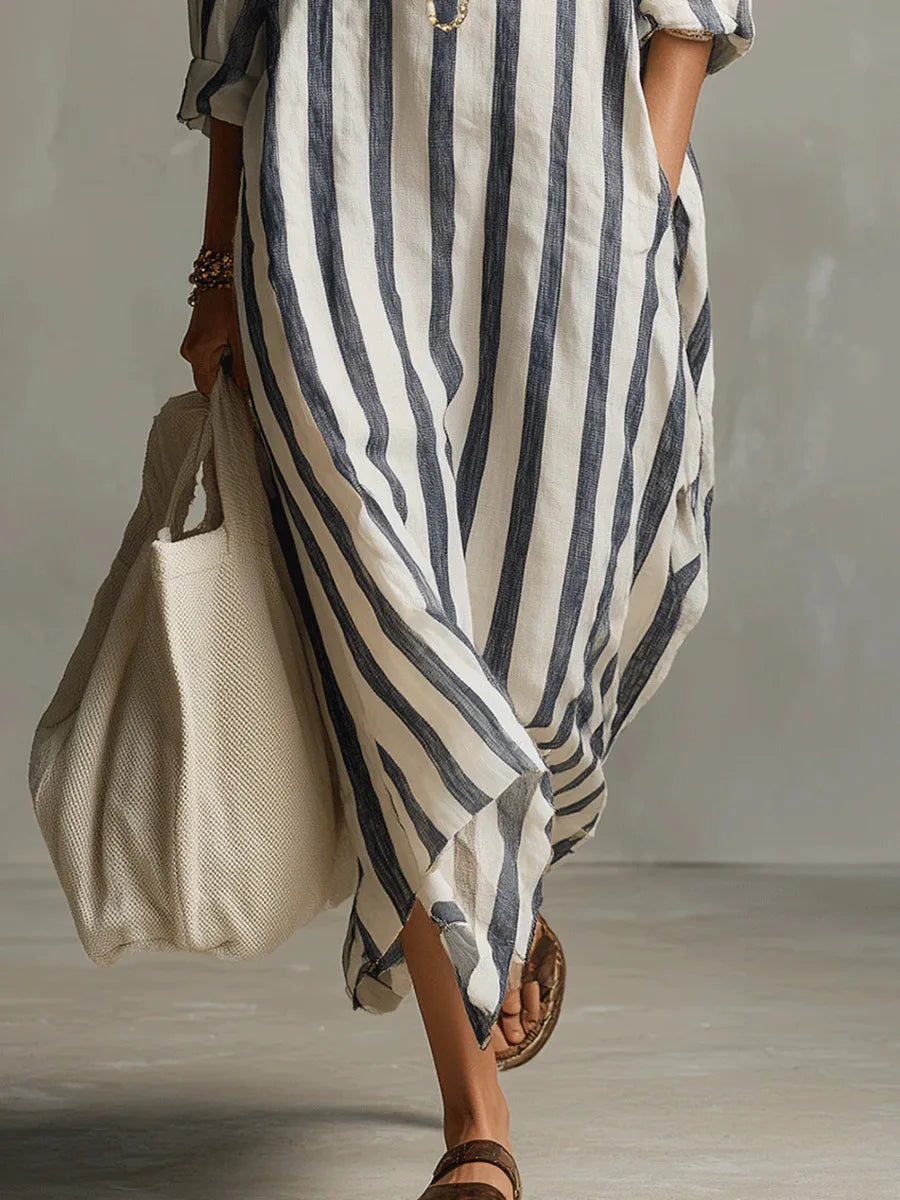 Langes gestreiftes Hemdblusenkleid für Damen-Maxi Dress-Alpenkind