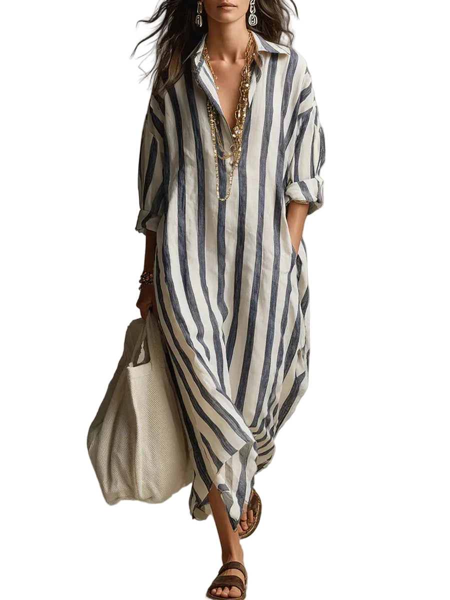 Langes gestreiftes Hemdblusenkleid für Damen-Maxi Dress-Alpenkind