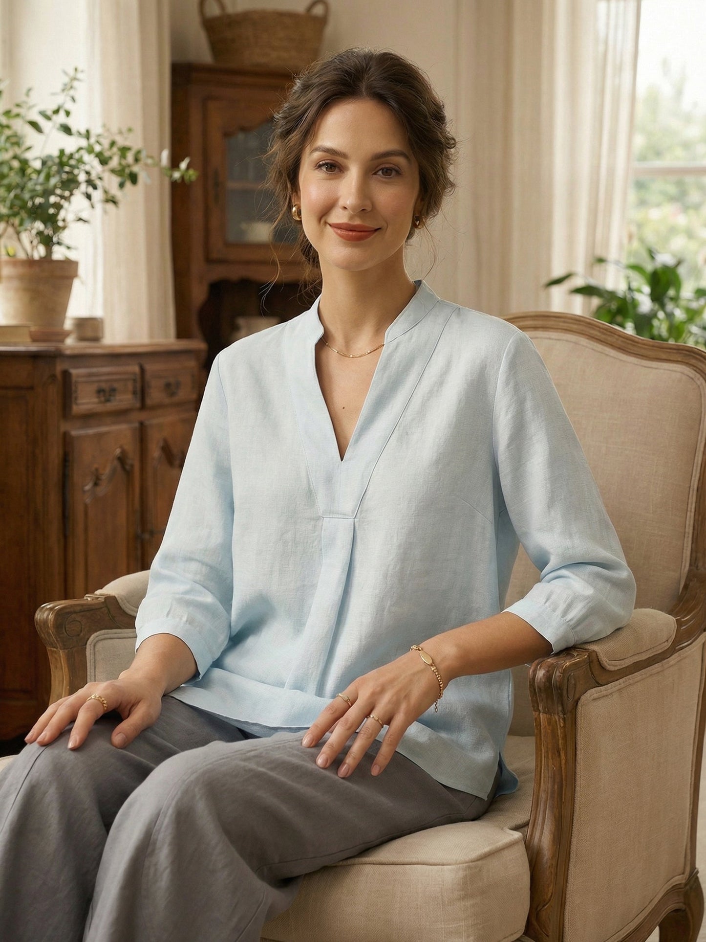 Leinen-Tunika mit V-Ausschnitt für Damen-Shirts for women-Alpenkind
