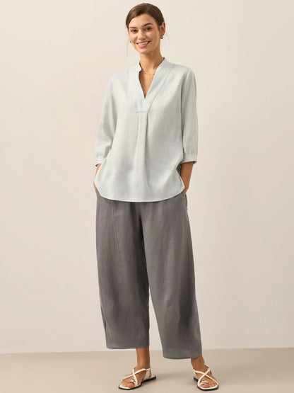 Leinen-Tunika mit V-Ausschnitt für Damen-Shirts for women-Alpenkind