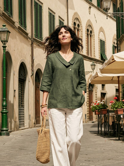 Leinentop für Damen mit asymmetrischem Kragen-Tops for women-Alpenkind