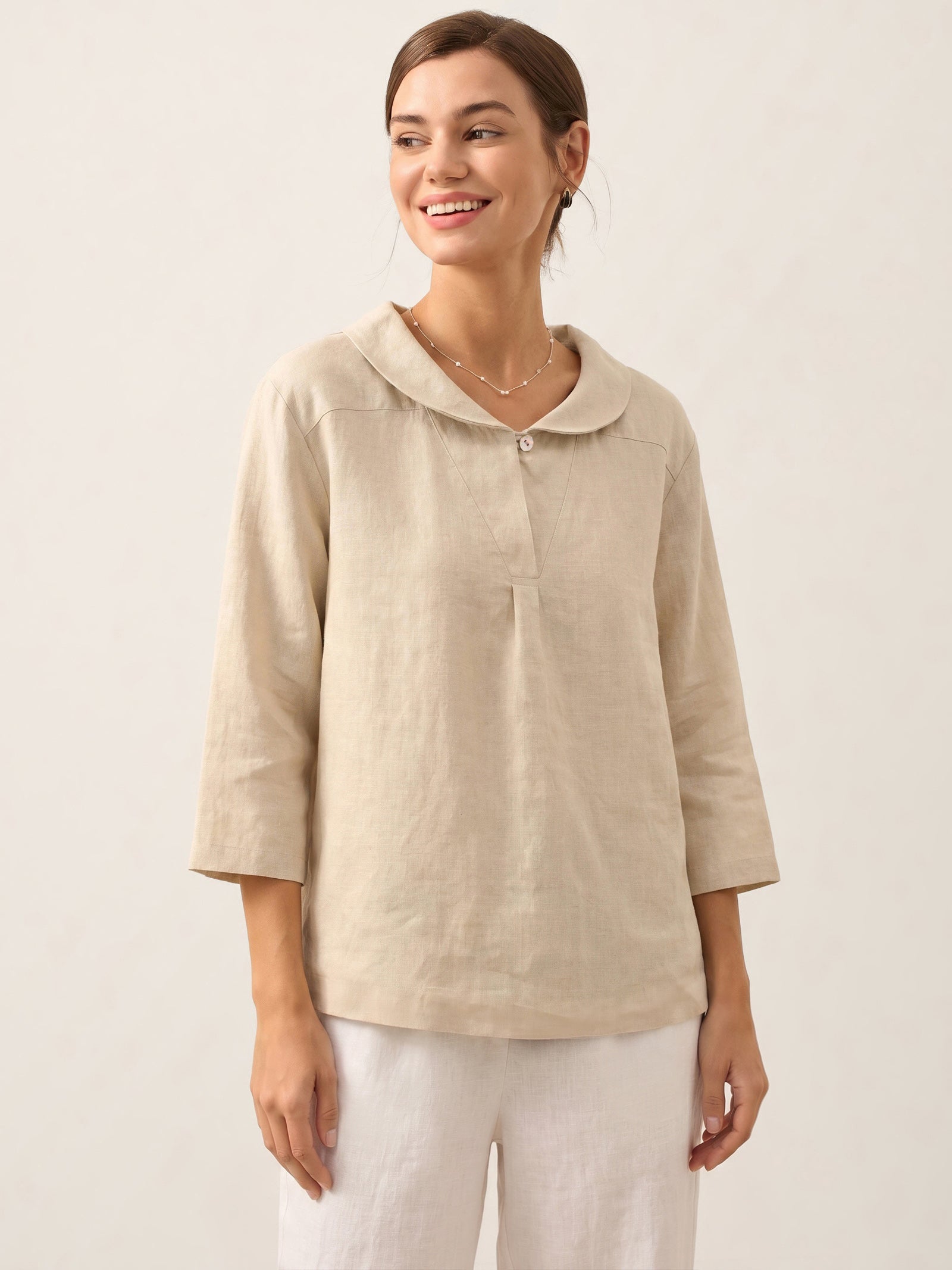 Leinentop für Damen mit Schalkragen und V-Ausschnitt-Tops for women-Alpenkind