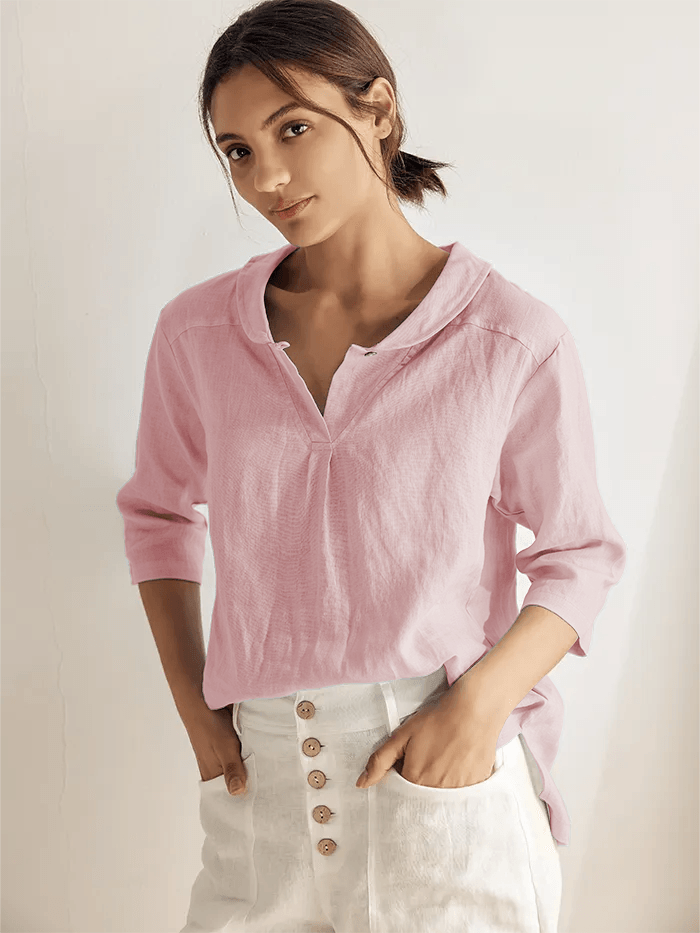 Leinentop für Damen mit Schalkragen und V-Ausschnitt-Tops for women-Alpenkind