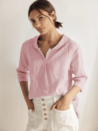 Leinentop für Damen mit Schalkragen und V-Ausschnitt-Tops for women-Alpenkind