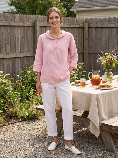 Leinentop für Damen mit Schalkragen und V-Ausschnitt-Tops for women-Alpenkind