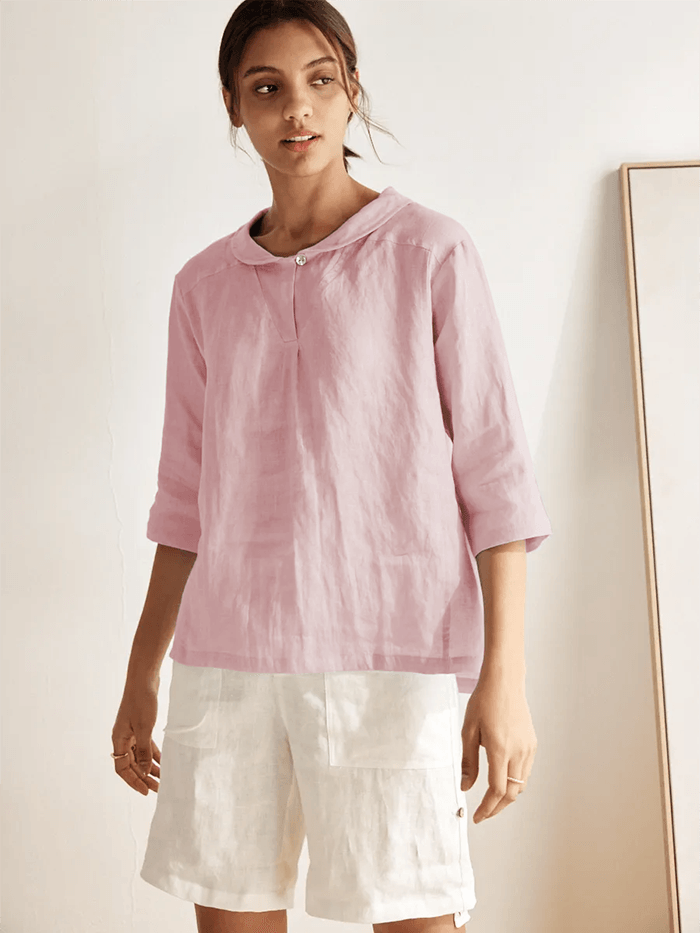 Leinentop für Damen mit Schalkragen und V-Ausschnitt-Tops for women-Alpenkind