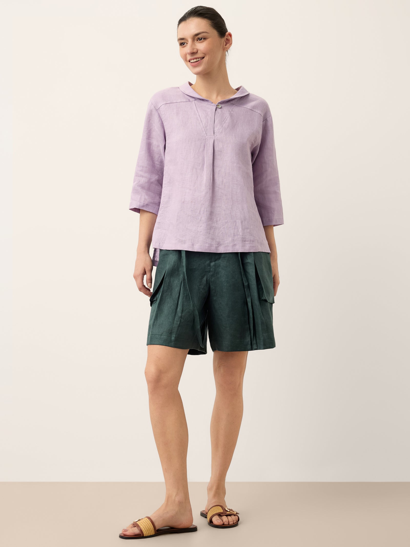 Leinentop für Damen mit Schalkragen und V-Ausschnitt-Tops for women-Alpenkind