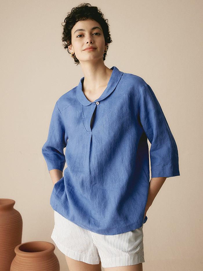 Leinentop für Damen mit Schalkragen und V-Ausschnitt-Tops for women-Alpenkind