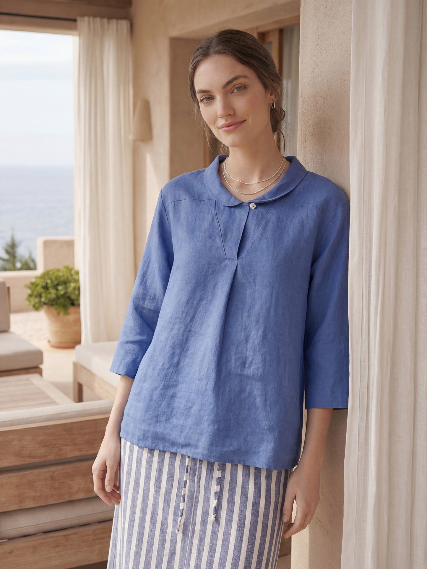 Leinentop für Damen mit Schalkragen und V-Ausschnitt-Tops for women-Alpenkind