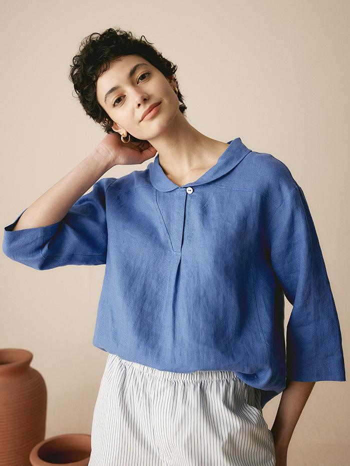 Leinentop für Damen mit Schalkragen und V-Ausschnitt-Tops for women-Alpenkind