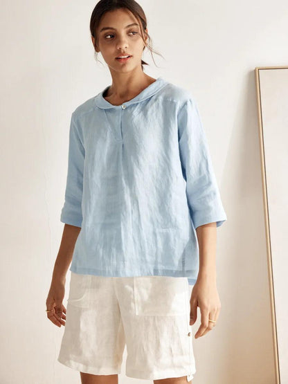 Leinentop für Damen mit Schalkragen und V-Ausschnitt-Tops for women-Alpenkind