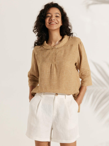 Leinentop für Damen mit Schalkragen und V-Ausschnitt-Tops for women-Alpenkind
