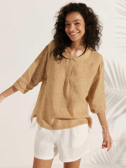 Leinentop für Damen mit Schalkragen und V-Ausschnitt-Tops for women-Alpenkind