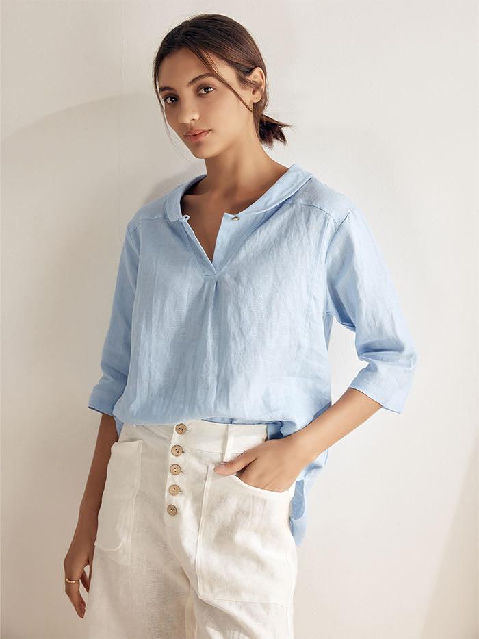 Leinentop für Damen mit Schalkragen und V-Ausschnitt-Tops for women-Alpenkind