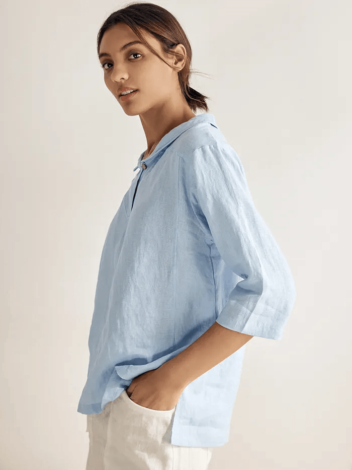 Leinentop für Damen mit Schalkragen und V-Ausschnitt-Tops for women-Alpenkind