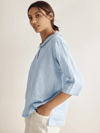 Leinentop für Damen mit Schalkragen und V-Ausschnitt-Tops for women-Alpenkind