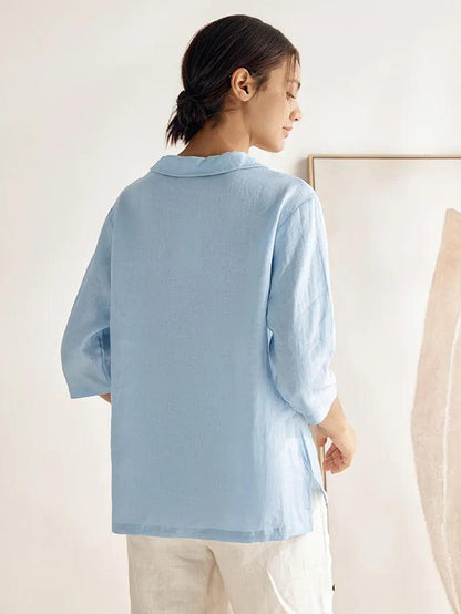Leinentop für Damen mit Schalkragen und V-Ausschnitt-Tops for women-Alpenkind
