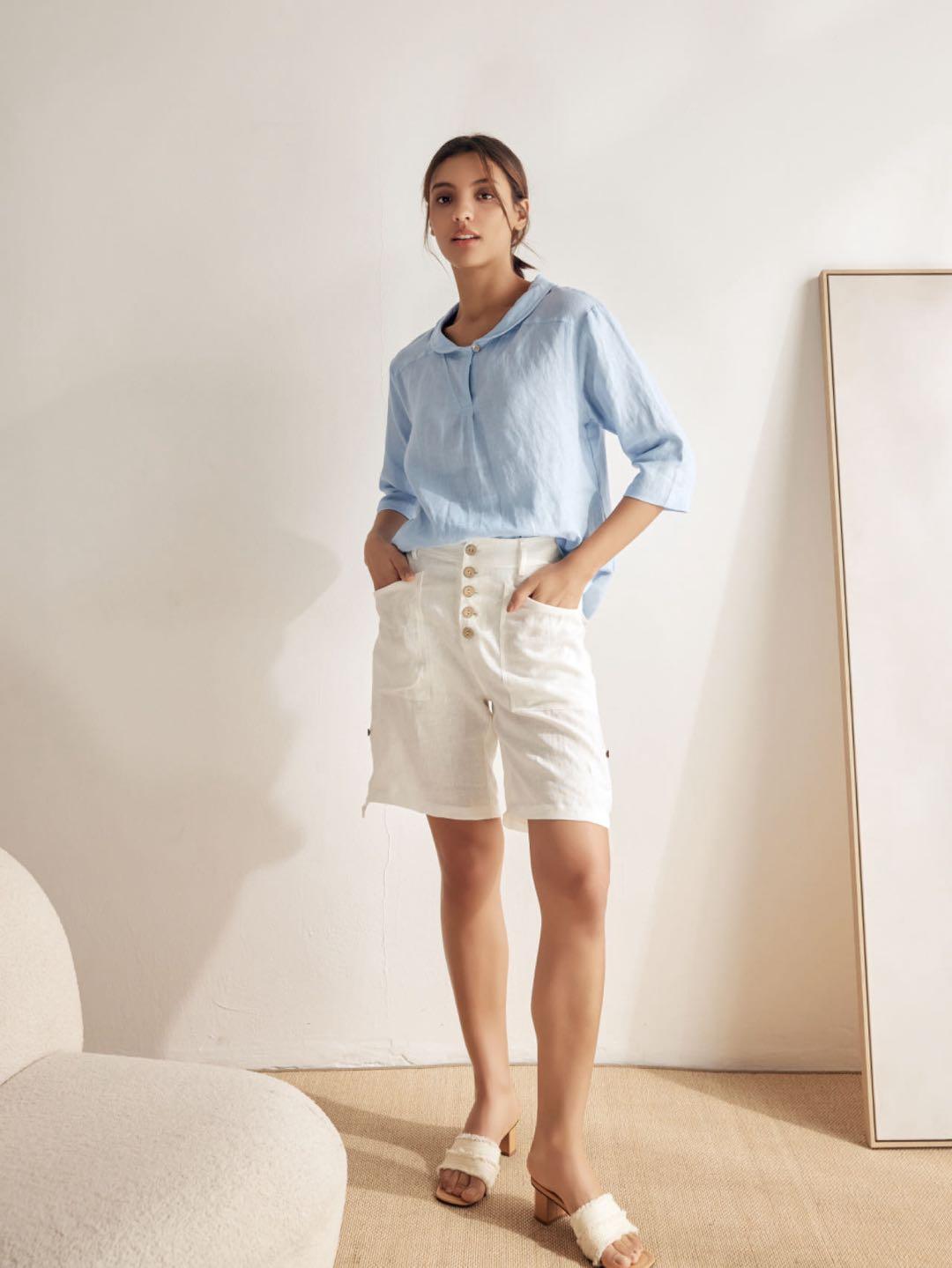 Leinentop für Damen mit Schalkragen und V-Ausschnitt-Tops for women-Alpenkind