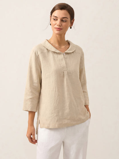 Leinentop für Damen mit Schalkragen und V-Ausschnitt-Tops for women-Alpenkind