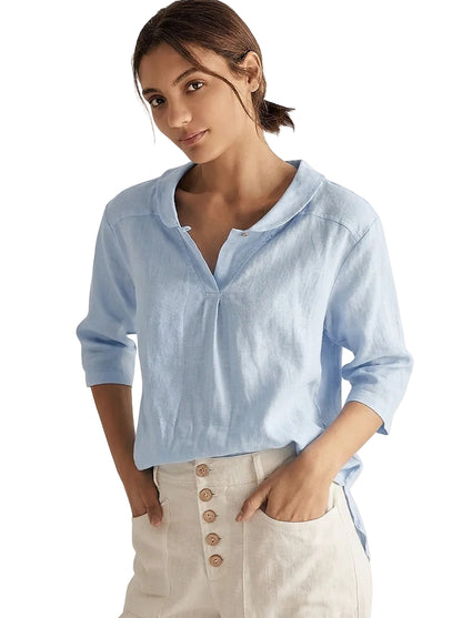 Leinentop für Damen mit Schalkragen und V-Ausschnitt-Tops for women-Alpenkind