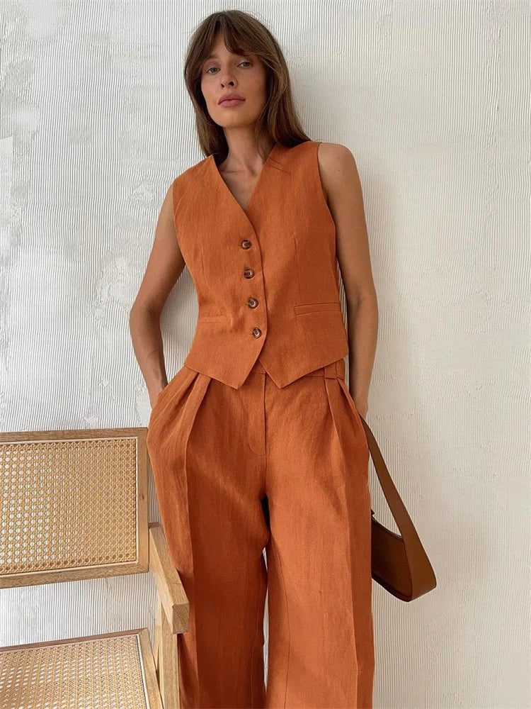 Leinenweste und Hose mit weitem Bein für Damen-Sets for women-Alpenkind
