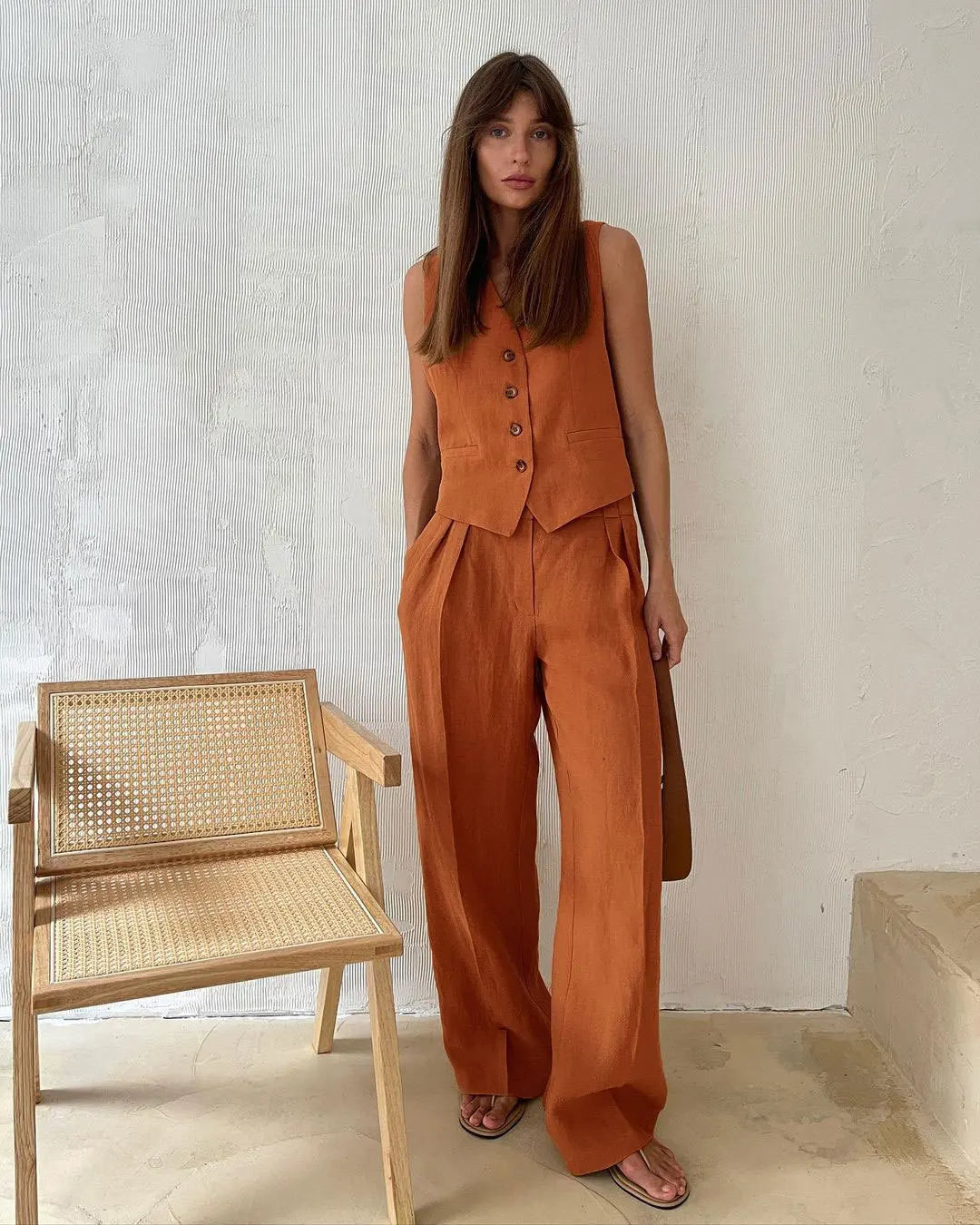 Leinenweste und Hose mit weitem Bein für Damen-Sets for women-Alpenkind