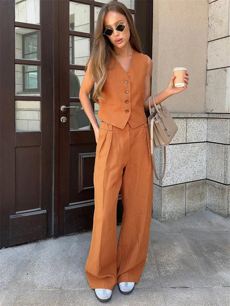 Leinenweste und Hose mit weitem Bein für Damen-Sets for women-Alpenkind
