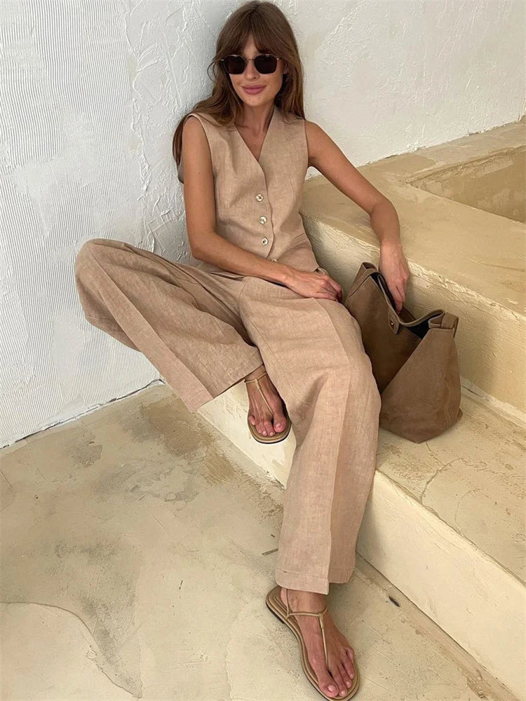 Leinenweste und Hose mit weitem Bein für Damen-Sets for women-Alpenkind