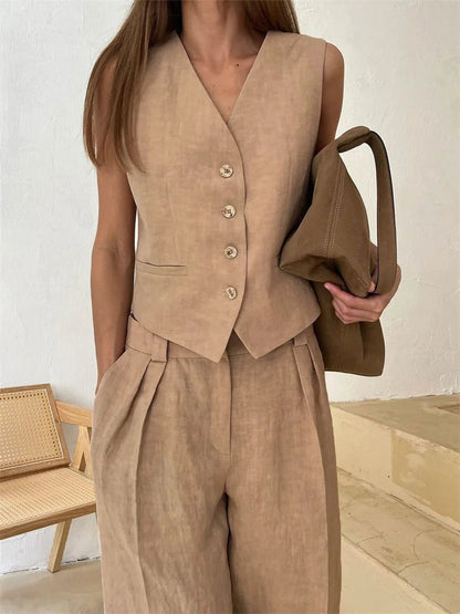 Leinenweste und Hose mit weitem Bein für Damen-Sets for women-Alpenkind