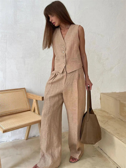 Leinenweste und Hose mit weitem Bein für Damen-Sets for women-Alpenkind