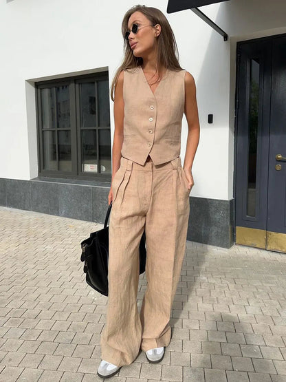 Leinenweste und Hose mit weitem Bein für Damen-Sets for women-Alpenkind