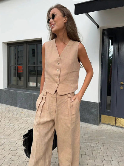 Leinenweste und Hose mit weitem Bein für Damen-Sets for women-Alpenkind