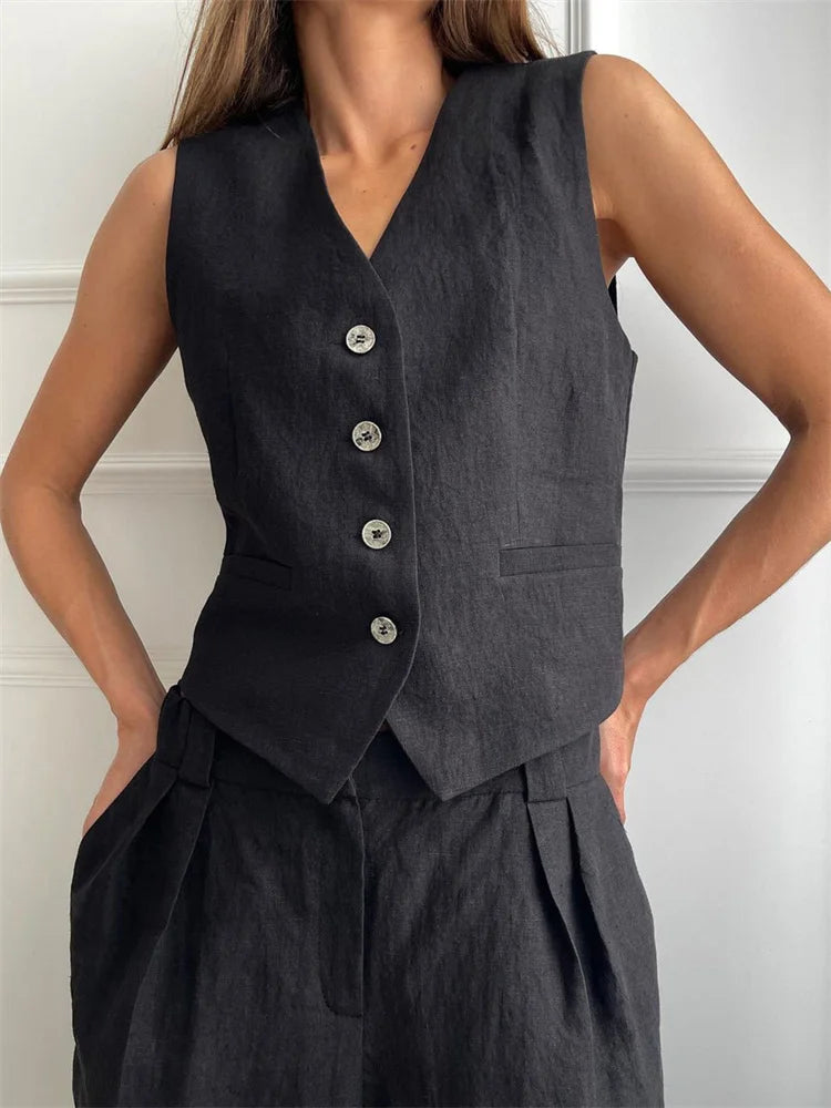 Leinenweste und Hose mit weitem Bein für Damen-Sets for women-Alpenkind