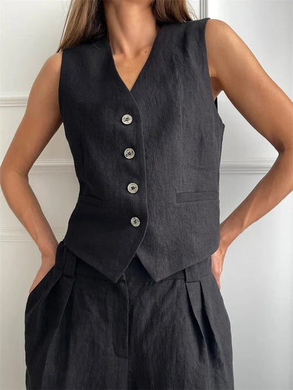 Leinenweste und Hose mit weitem Bein für Damen-Sets for women-Alpenkind