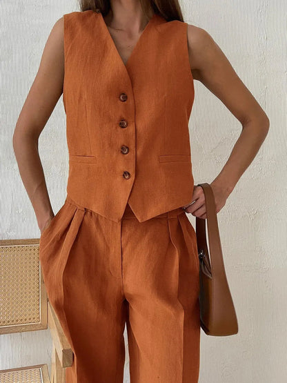 Leinenweste und Hose mit weitem Bein für Damen-Sets for women-Alpenkind
