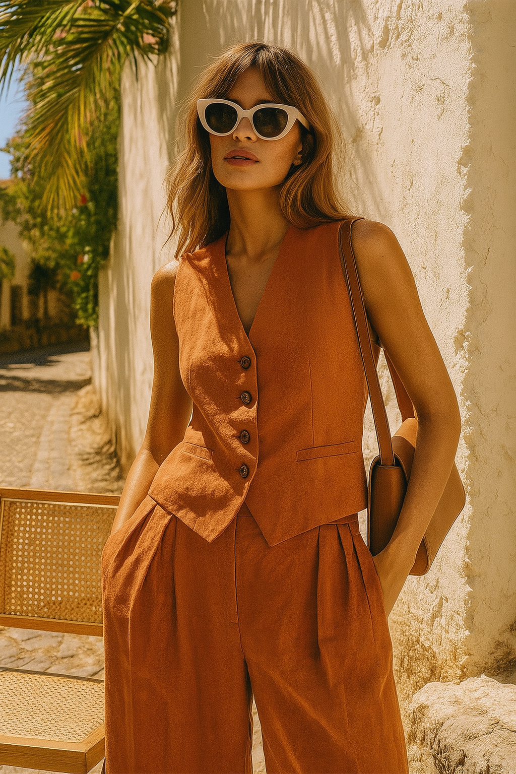 Leinenweste und Hose mit weitem Bein für Damen-Sets for women-Alpenkind