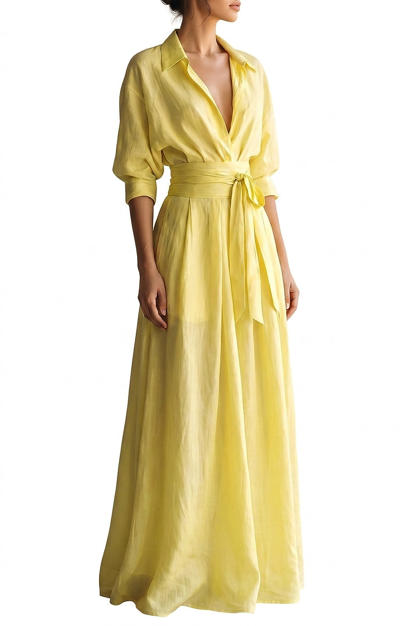 Maxi-Hemdkleid für Damen mit Bindegürtel und halblangen Ärmeln-Maxi Dress-Alpenkind