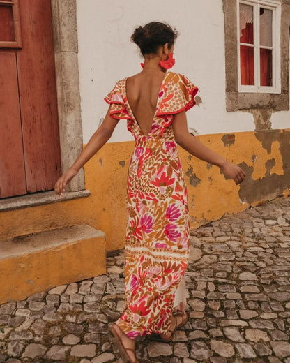 Maxikleid mit Blumenmuster und V-Ausschnitt für Damen-Maxi dresses-Alpenkind