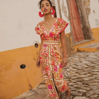 Maxikleid mit Blumenmuster und V-Ausschnitt für Damen-Maxi dresses-Alpenkind