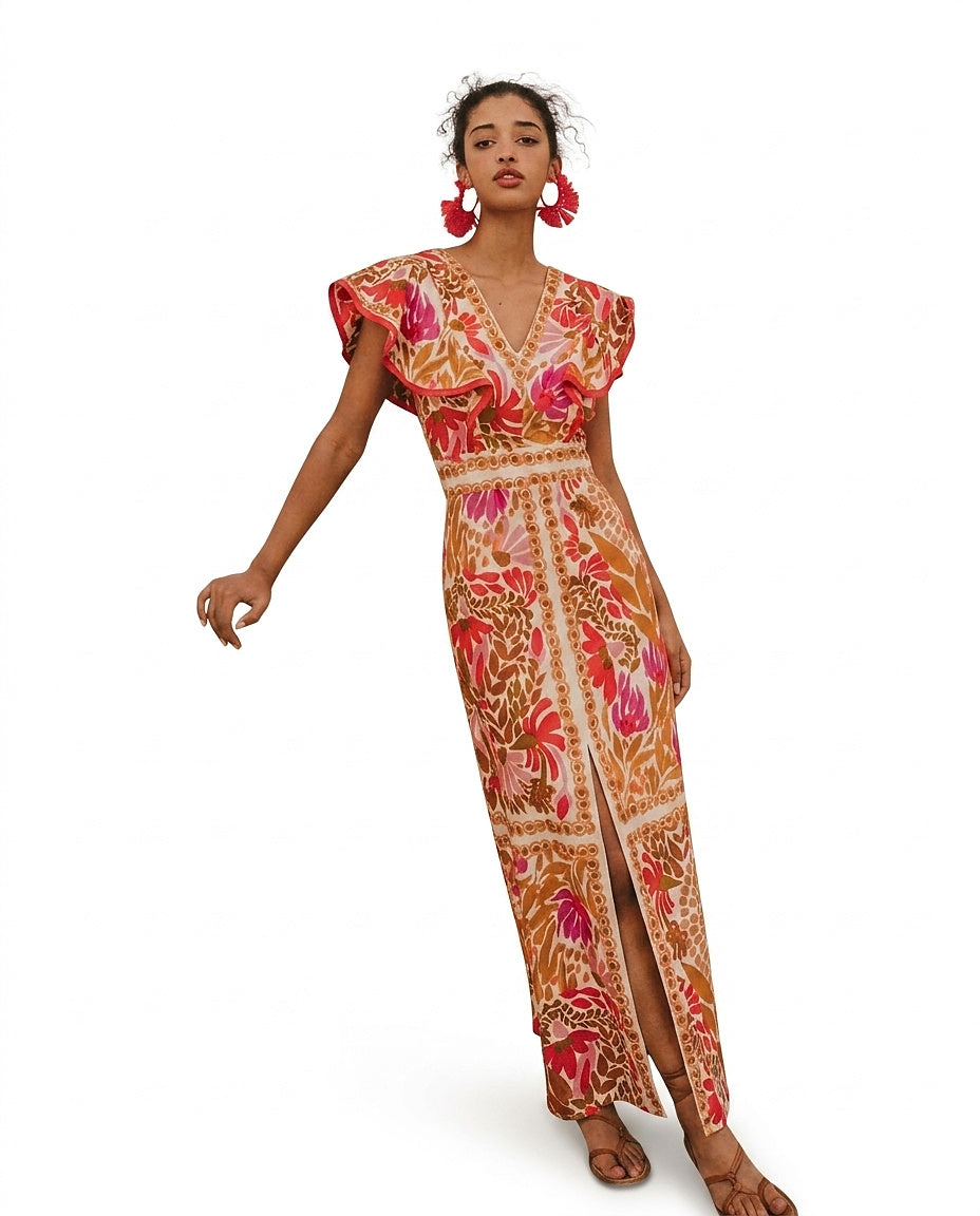 Maxikleid mit Blumenmuster und V-Ausschnitt für Damen-Maxi dresses-Alpenkind