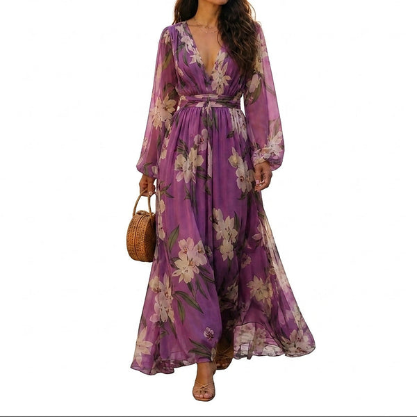 Maxikleid mit Blumenmuster und V-Ausschnitt für Damen-Maxi Dress-Alpenkind