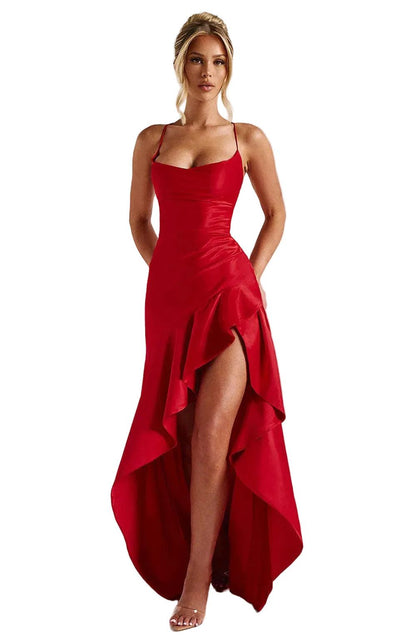 Maxikleid mit Schnür-Rücken, asymmetrischem Volantsaum und Seitenschlitz-Maxi Dress-Alpenkind