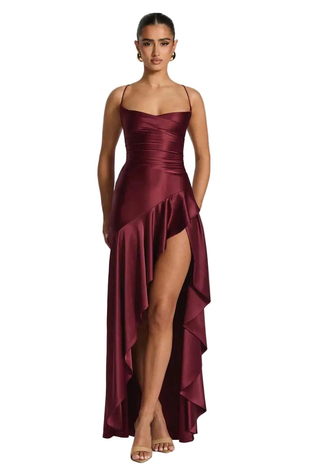 Maxikleid mit Schnür-Rücken, asymmetrischem Volantsaum und Seitenschlitz-Maxi Dress-Alpenkind