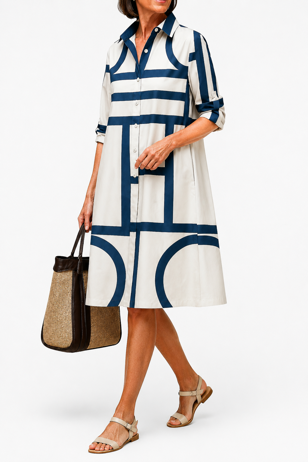 Midi-Hemdblusenkleid für Damen mit geometrischem Muster-Midi Dress-Alpenkind