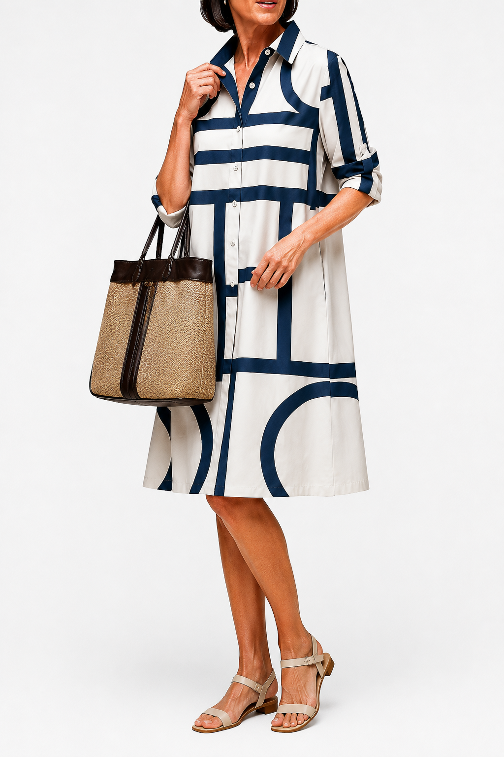 Midi-Hemdblusenkleid für Damen mit geometrischem Muster-Midi Dress-Alpenkind