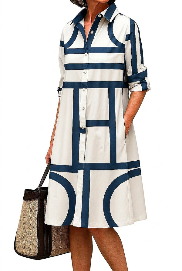 Midi-Hemdblusenkleid für Damen mit geometrischem Muster-Midi Dress-Alpenkind