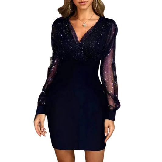 Minikleid für Damen mit V-Ausschnitt, transparenten langen Ärmeln und dezentem Glitzer-Mini Dress-Alpenkind