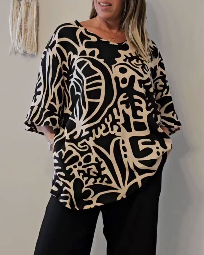 Oversized Tunika-Oberteil mit abstraktem Druck für Damen-Tops for women-Alpenkind
