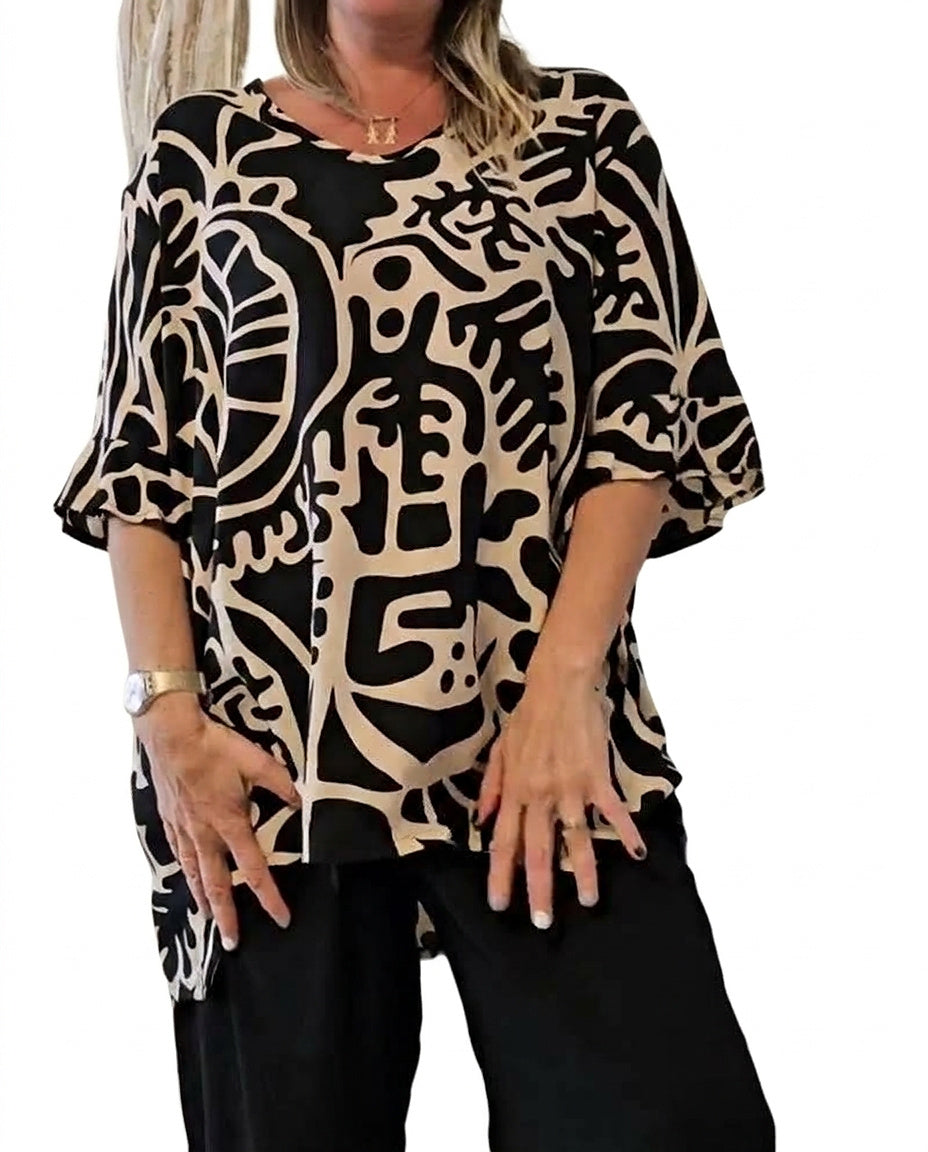 Oversized Tunika-Oberteil mit abstraktem Druck für Damen-Tops for women-Alpenkind